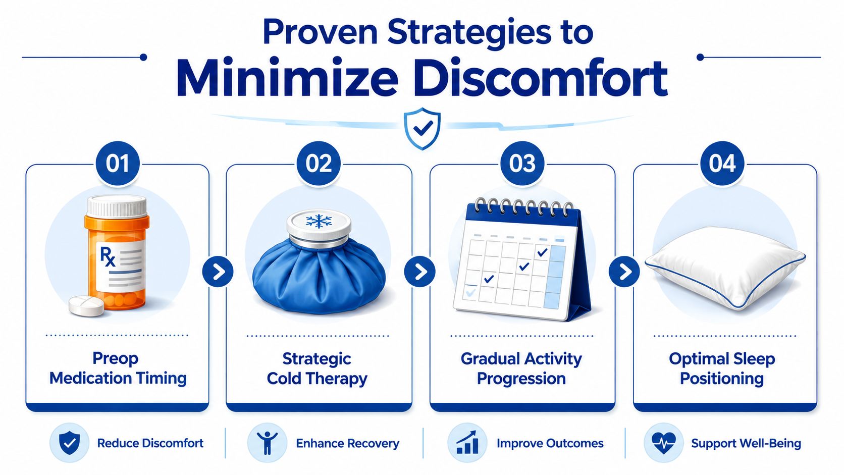 A four-step infographic illustrating proven strategies to minimize post-operative discomfort including medication, cold therapy, activity, and sleep.