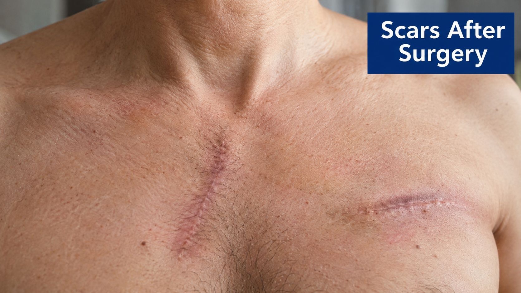 A close-up view of a person's chest showing two post-surgical scars from past medical procedures.