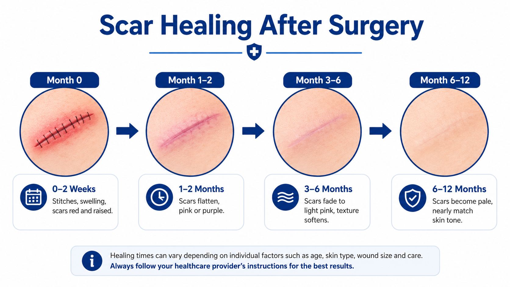 An infographic showing the natural progression and stages of surgical scar healing from zero to twelve months.