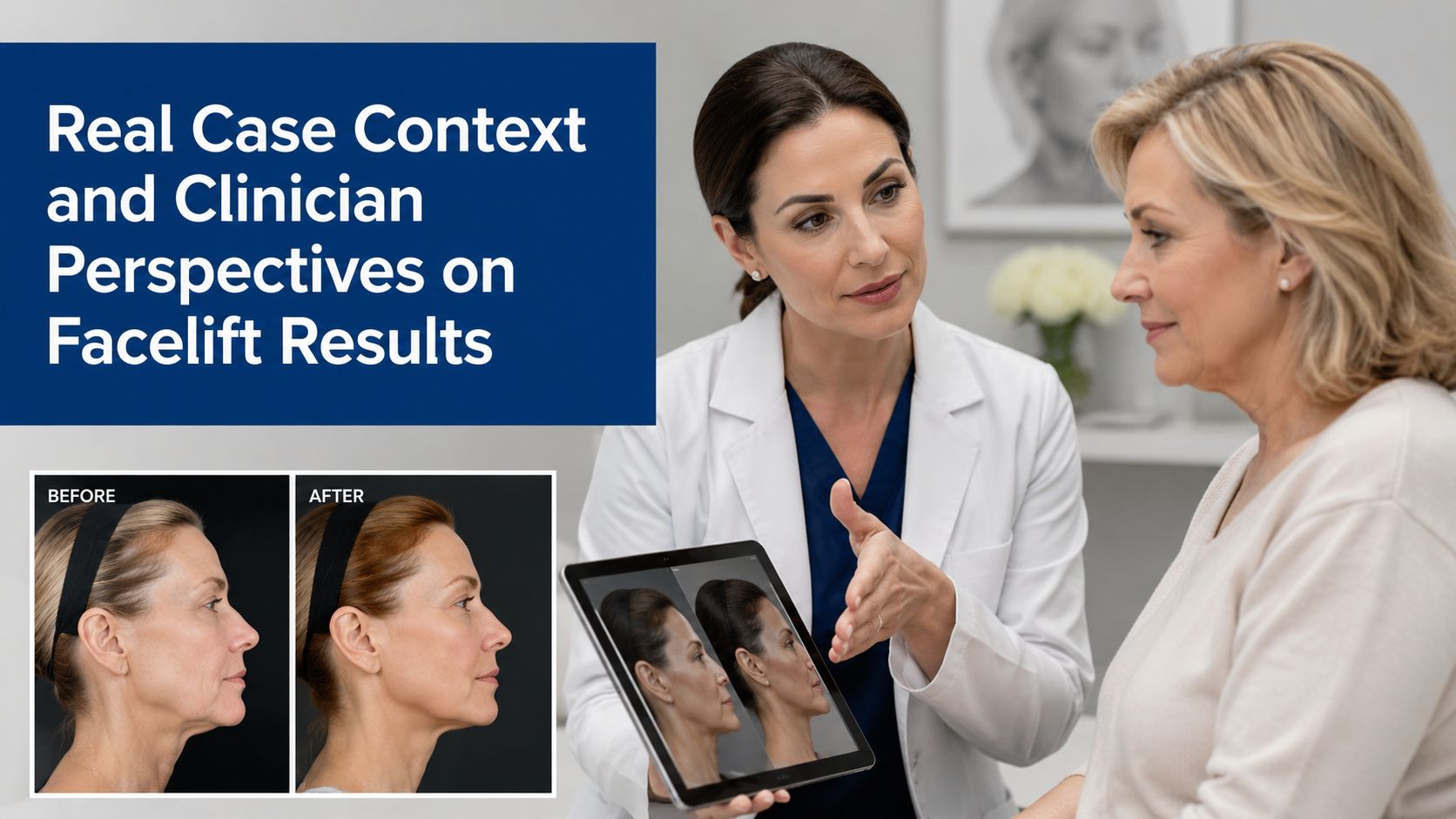 A clinician discussing facelift results with a patient while showing before and after photos on a tablet.