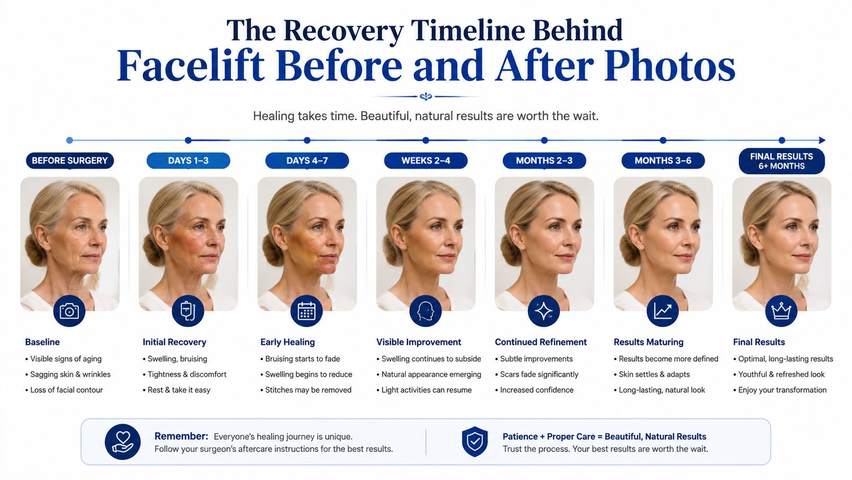 A visual timeline infographic illustrating the healing stages and recovery progression following a surgical facelift procedure.