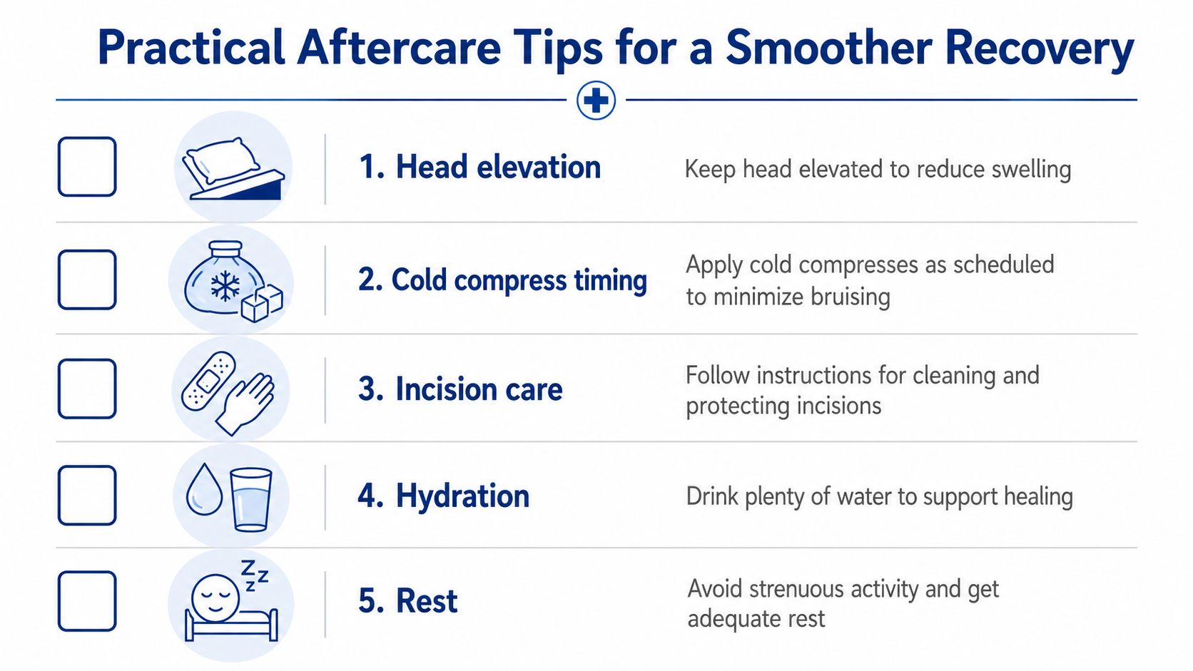 A checklist infographic titled Practical Aftercare Tips for a Smoother Recovery listing five post-surgery care instructions.