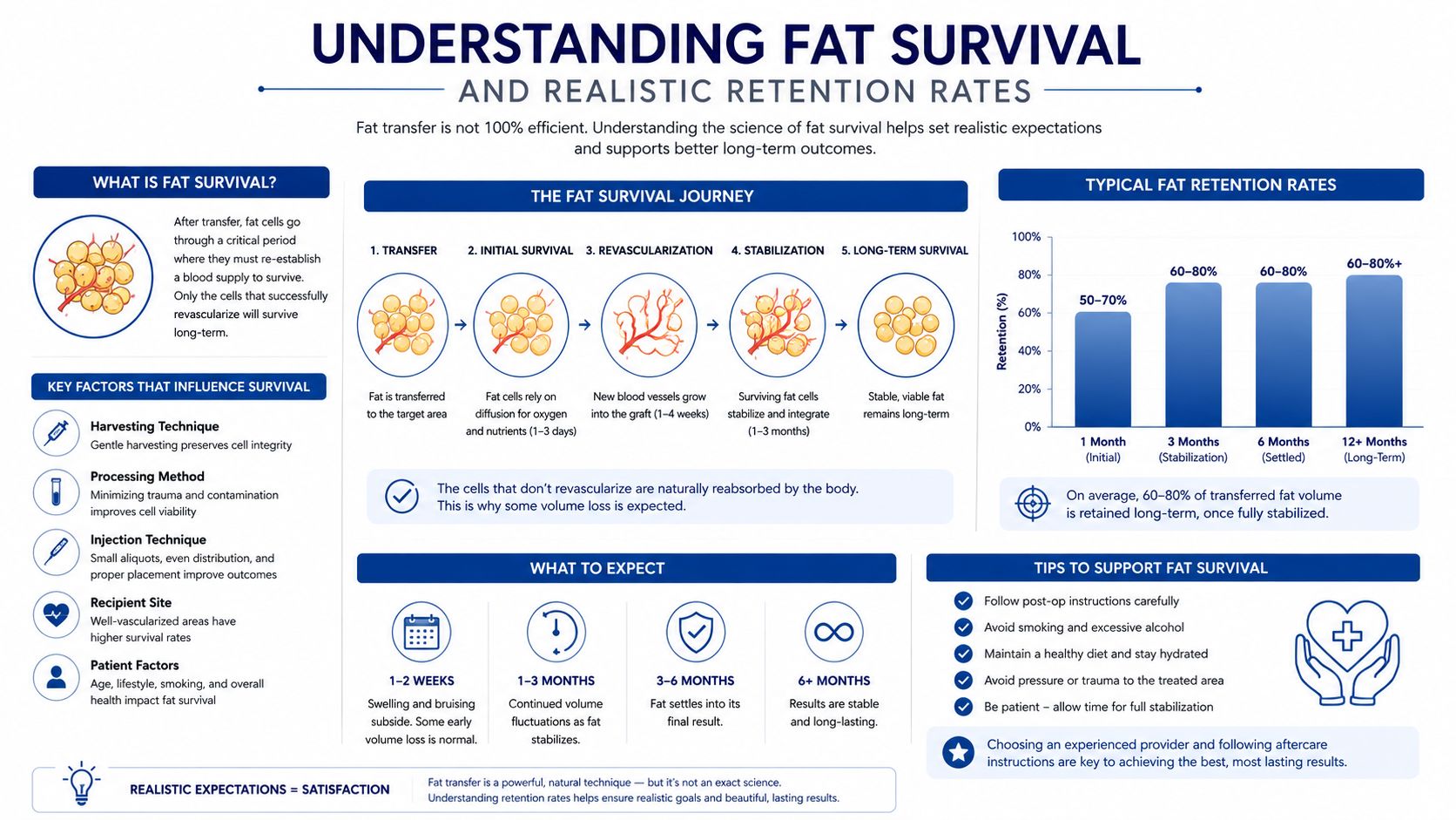 An infographic titled Understanding Fat Survival detailing the process, retention rates, and recovery timeline for fat transfer procedures.