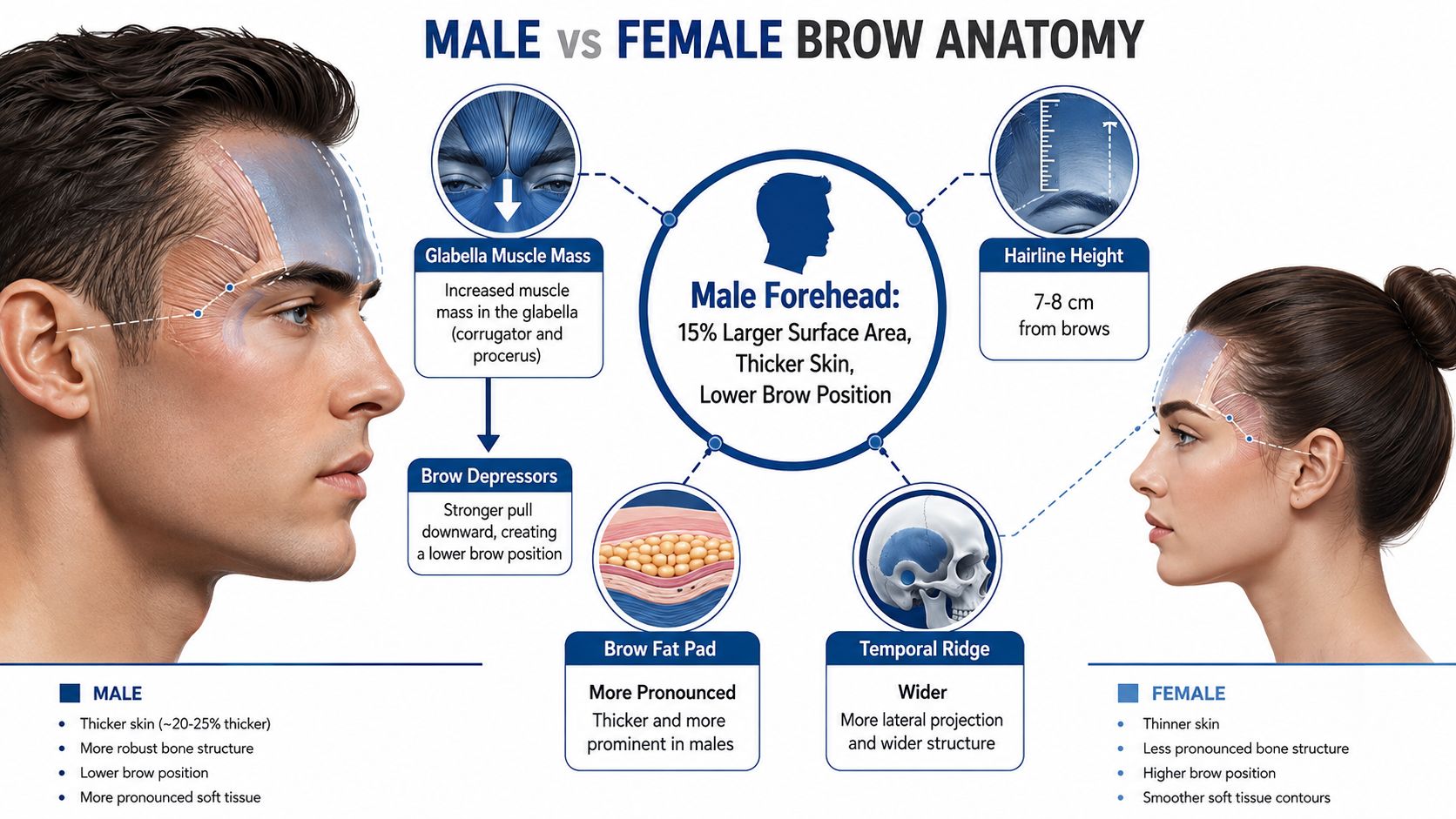 An infographic comparing the distinct anatomical differences between male and female forehead structures and brow positions.