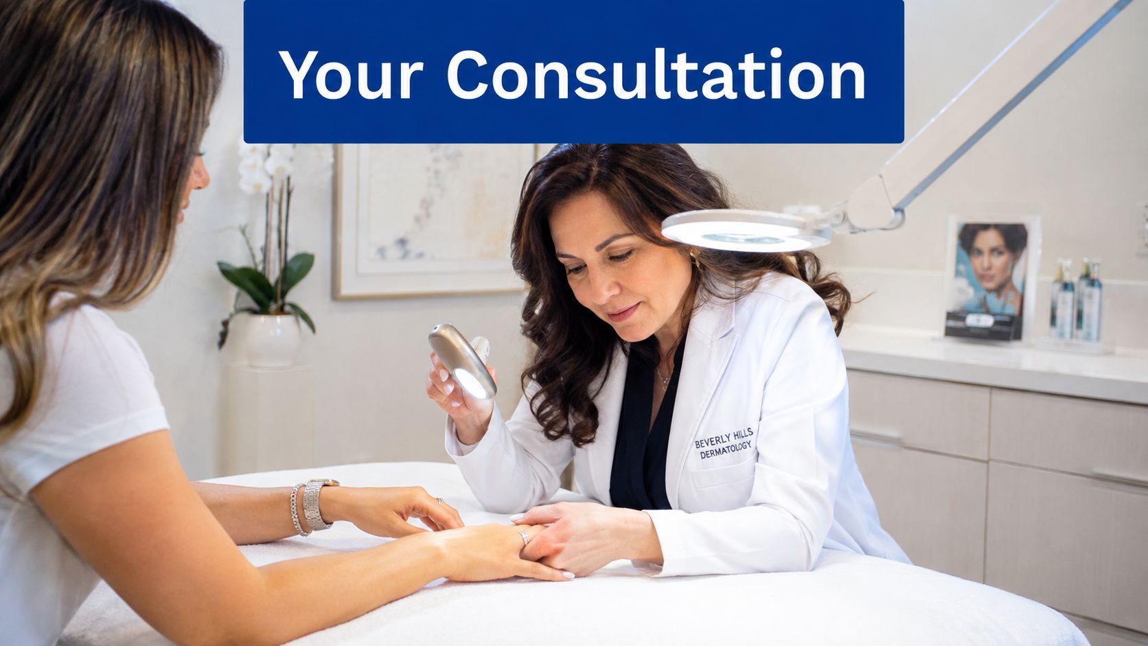 A dermatologist performs a professional hand skin examination on a patient during a medical consultation.