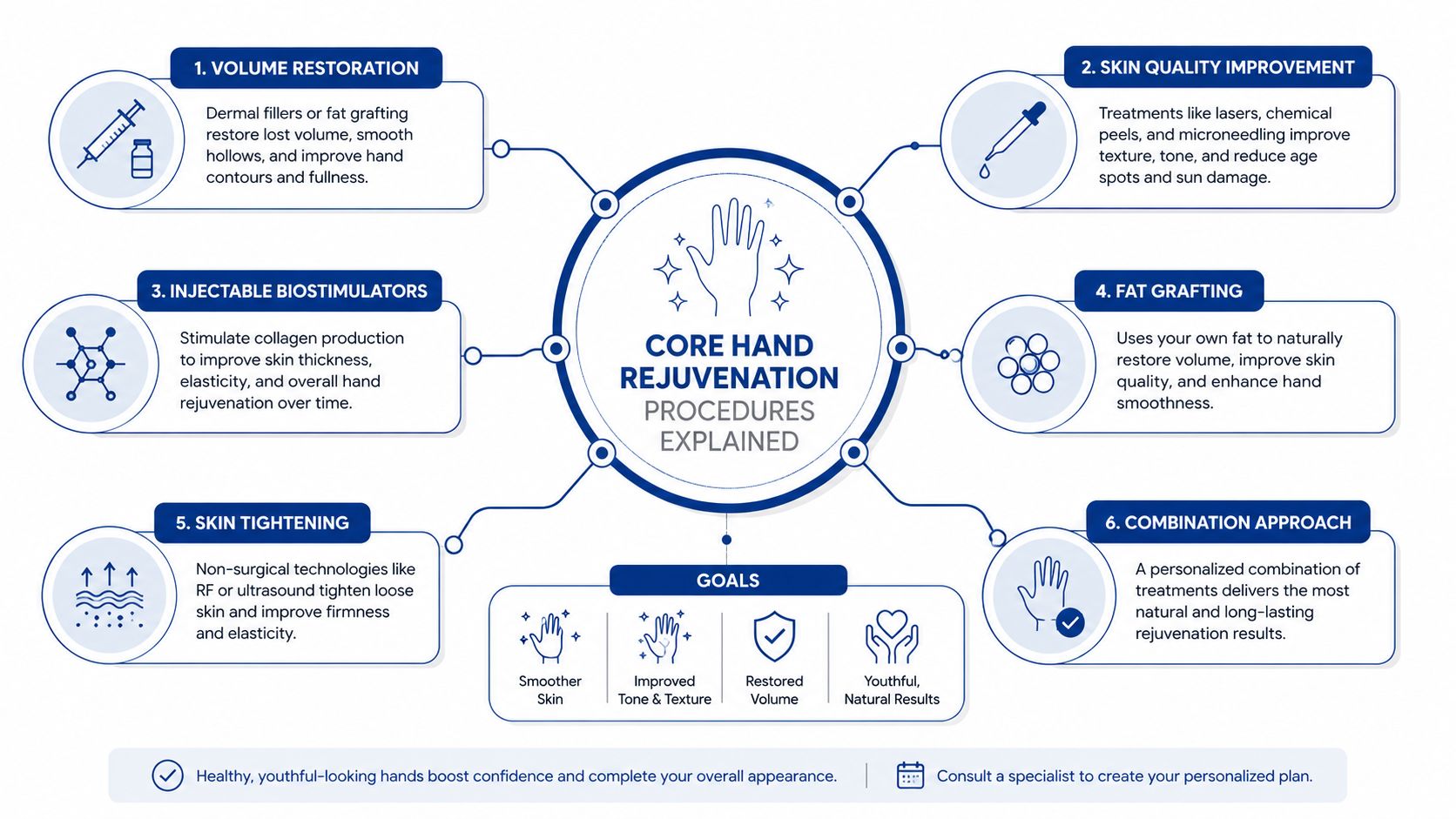 An infographic explaining six core hand rejuvenation procedures, including volume restoration, skin improvement, and fat grafting techniques.
