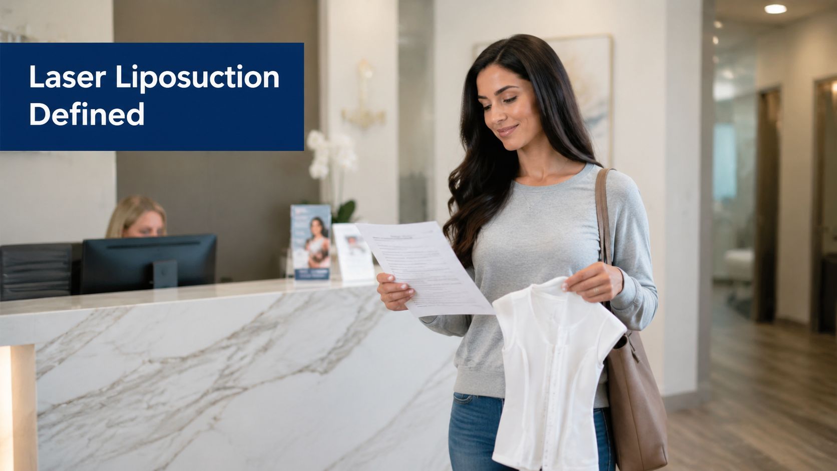 A woman reviews medical documents and a compression garment at a modern aesthetic clinic reception desk.