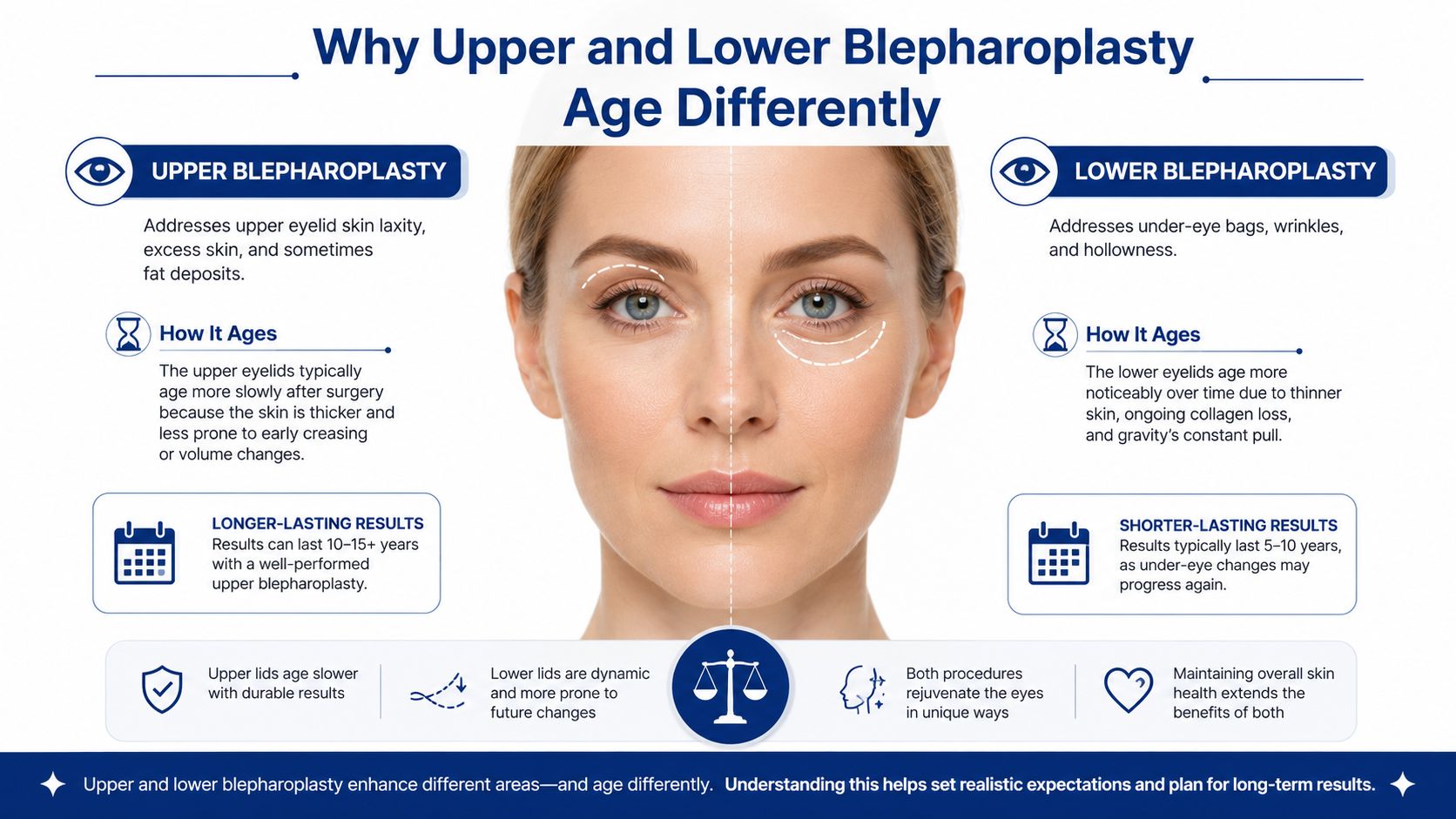 An infographic comparing how upper and lower eyelid surgery results age differently over time for patients.