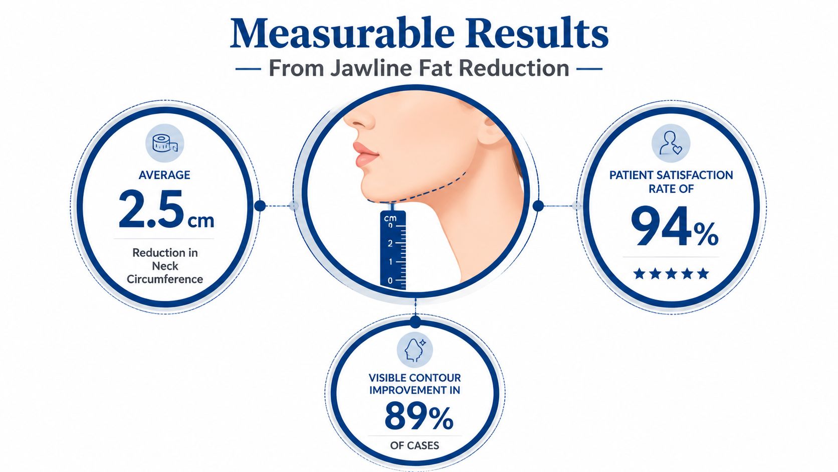 An infographic showing measurable results from jawline fat reduction including neck circumference decrease and patient satisfaction.