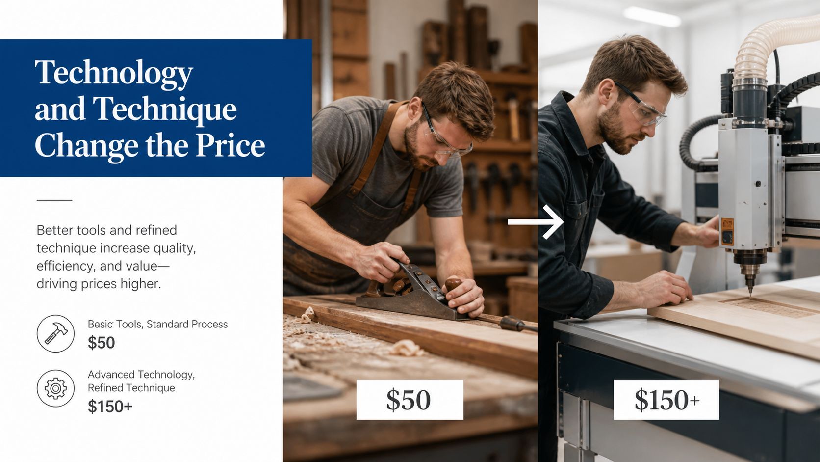 A comparison showing how traditional woodworking tools versus advanced CNC machinery impacts the final product price.