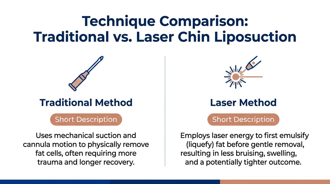A comparison chart outlining the differences between traditional and laser-assisted chin liposuction methods and their recovery processes.