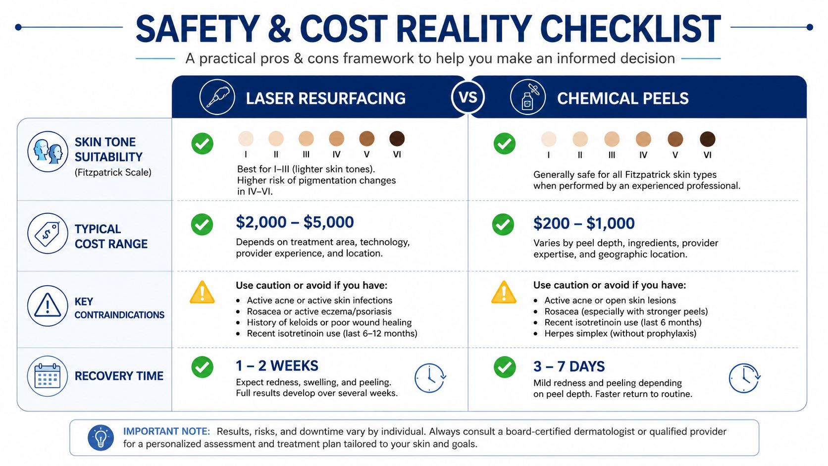 A safety and cost comparison infographic between laser resurfacing and chemical peels for skin rejuvenation treatments.