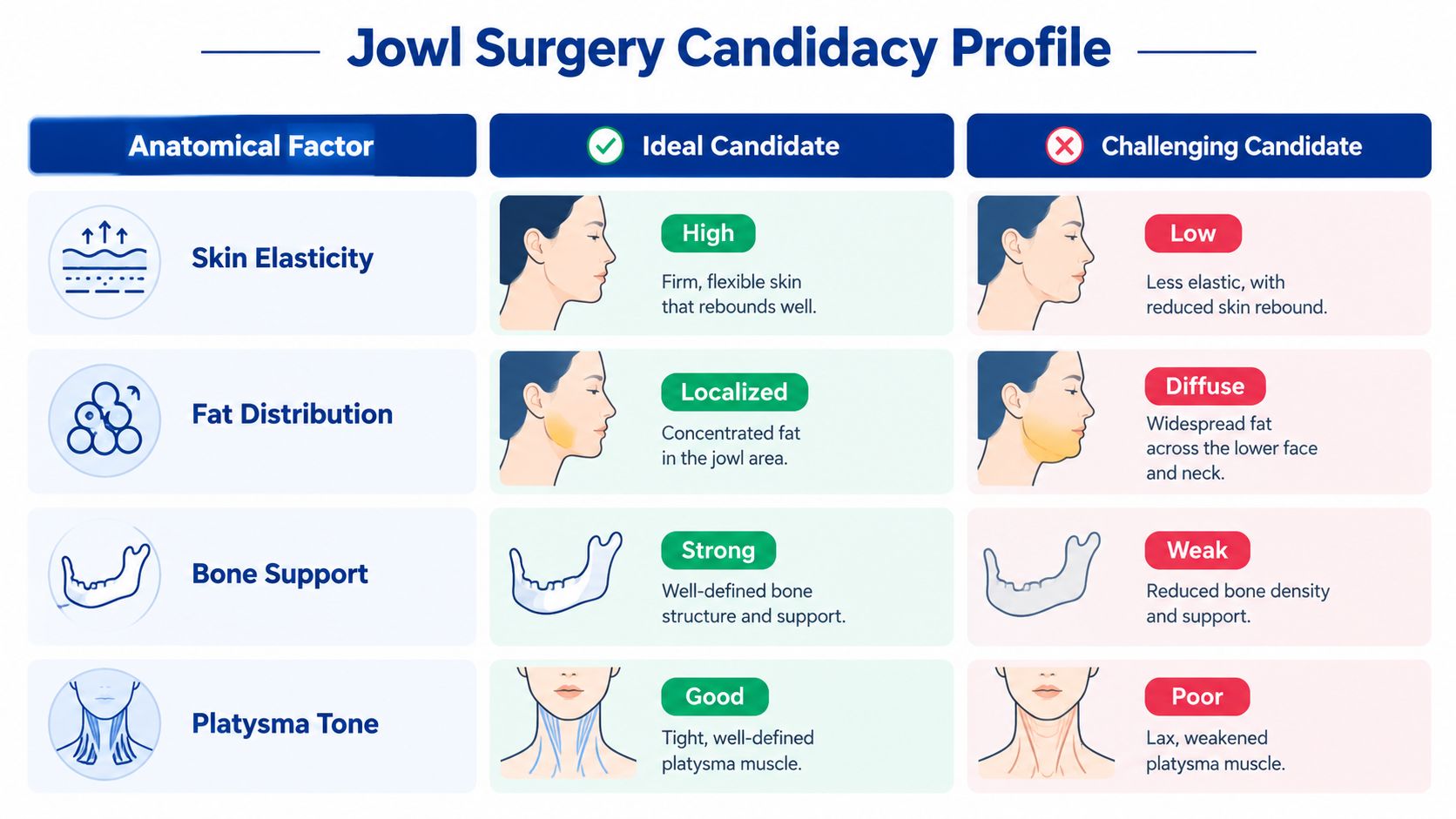 A comparison chart outlining ideal and challenging candidate profiles for jowl surgery based on anatomical factors.