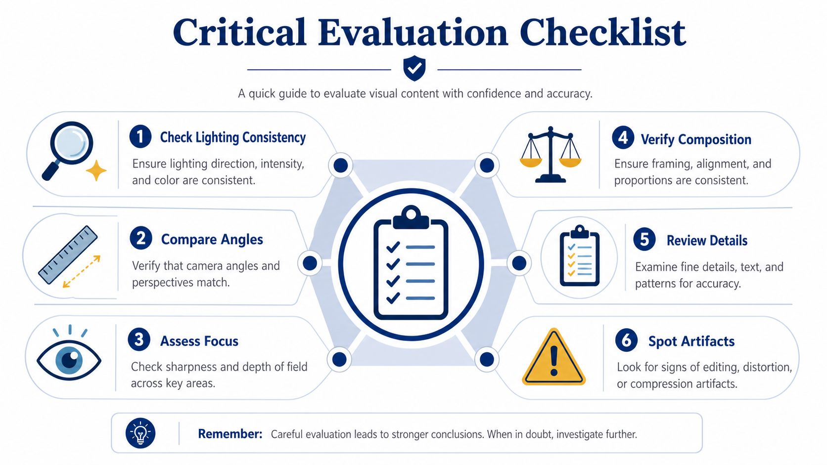 A checklist infographic titled Critical Evaluation Checklist guiding users on how to evaluate visual content accurately.