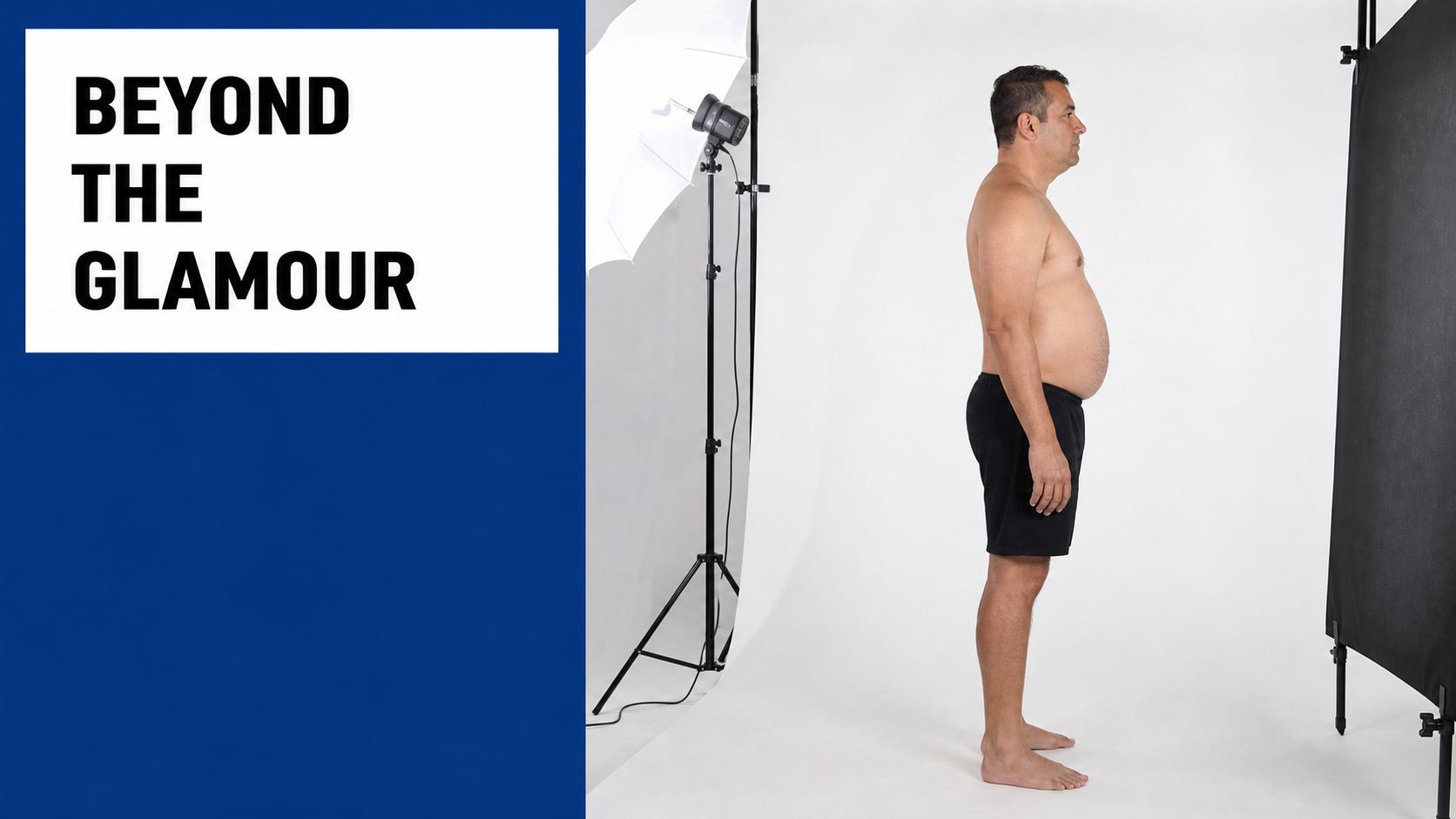 A side view profile of a man standing in a studio for a plastic surgery consultation.