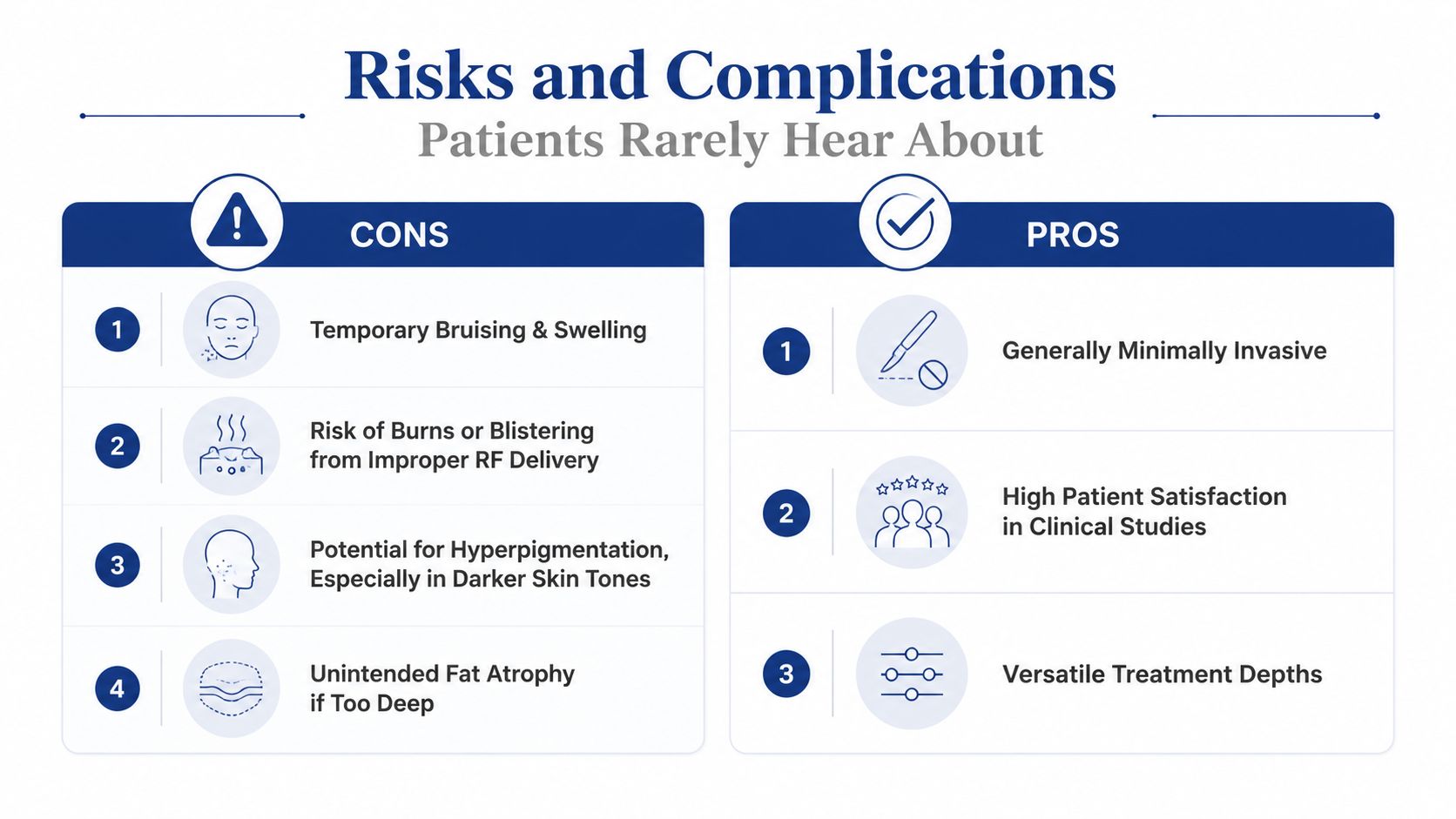 A comparison chart outlining the pros and cons of medical aesthetic treatments like Morpheus8 skin tightening.