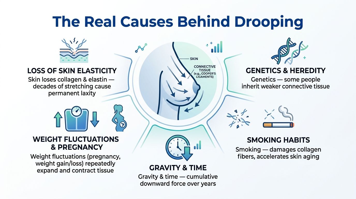 An infographic titled The Real Causes Behind Drooping, illustrating factors that cause sagging in breast tissue.