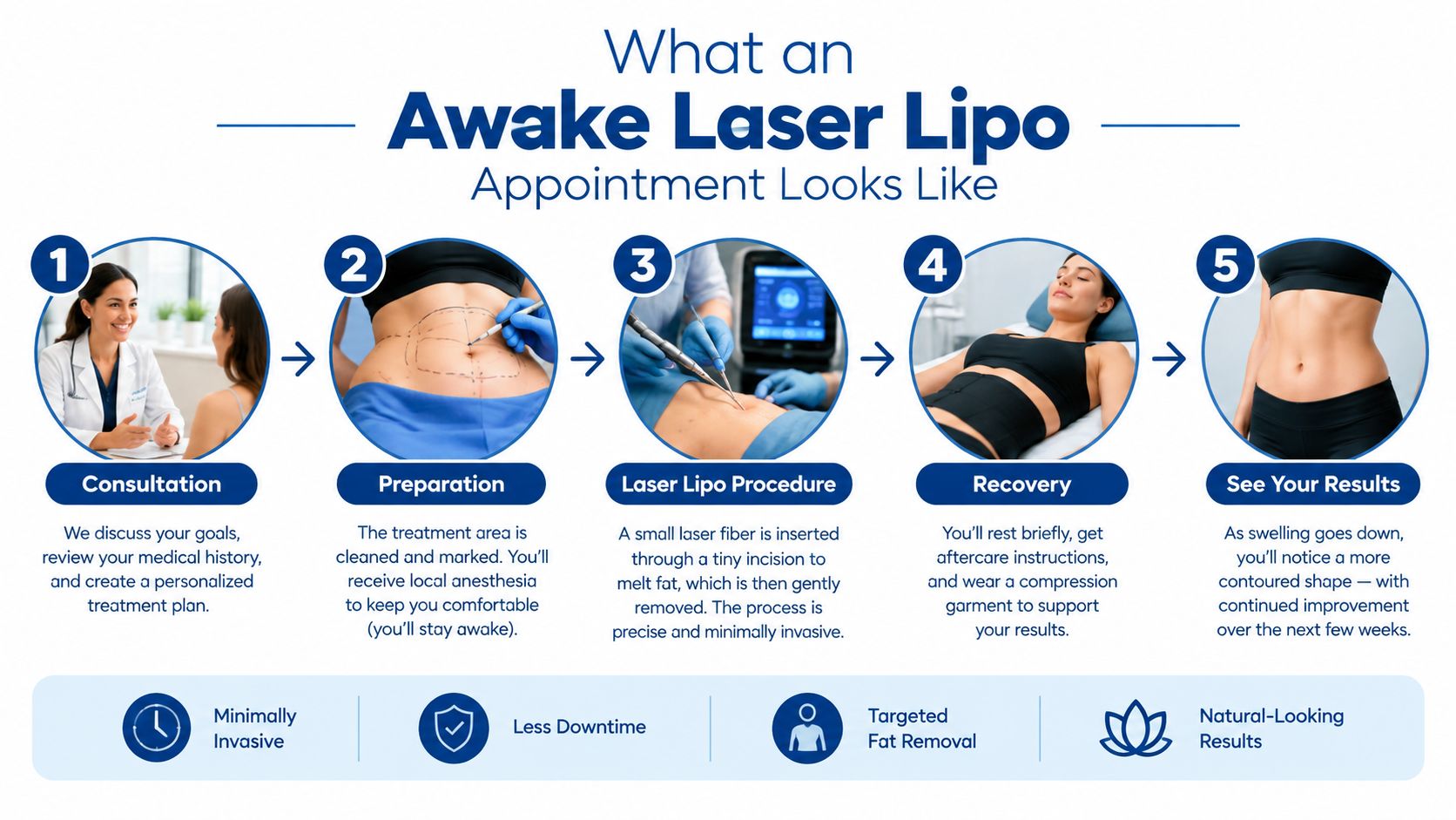 A five-step infographic showing the Awake Laser Lipo procedure from consultation and preparation to recovery and final results.