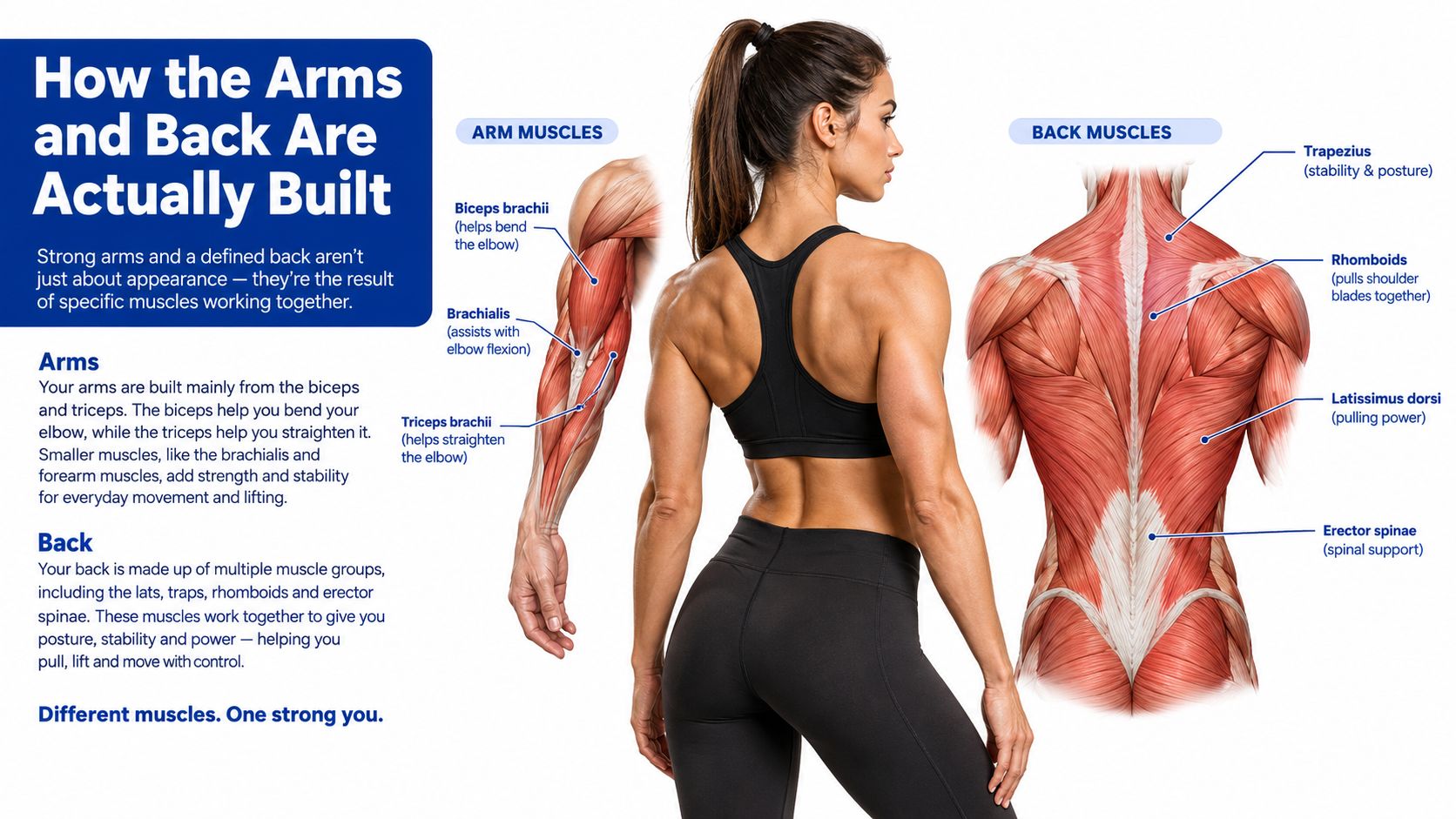 An educational infographic illustrating the primary muscle groups in the human arms and back with labels.