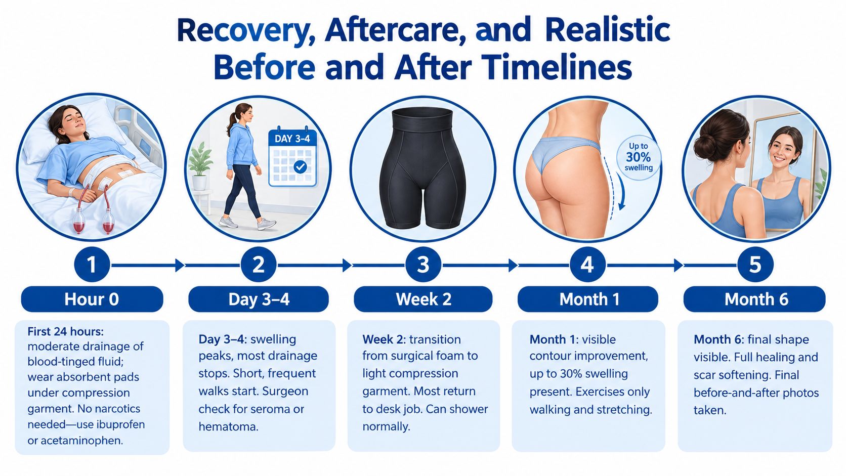 A recovery timeline graphic showing steps from Hour 0 to Month 6 for post-surgical care.