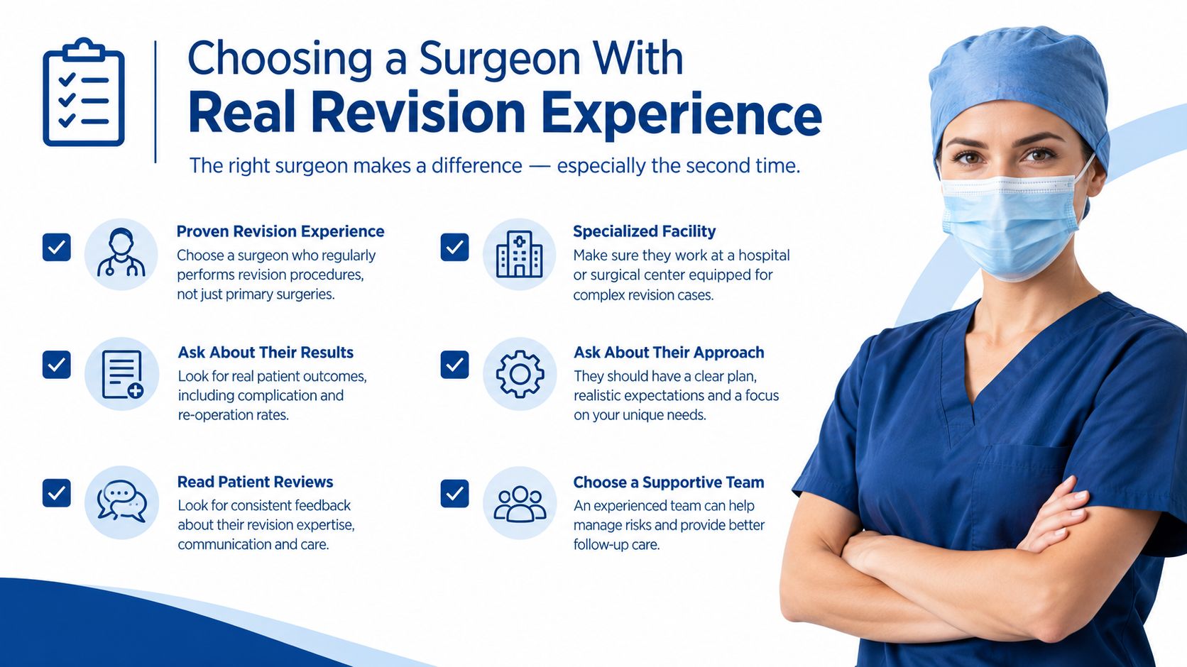 A professional infographic titled Choosing a Surgeon With Real Revision Experience featuring tips for selecting a medical expert.