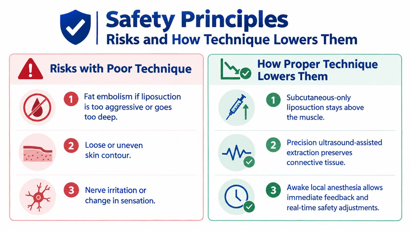 A safety principles chart comparing risks of poor liposuction technique with benefits of proper surgical procedures.
