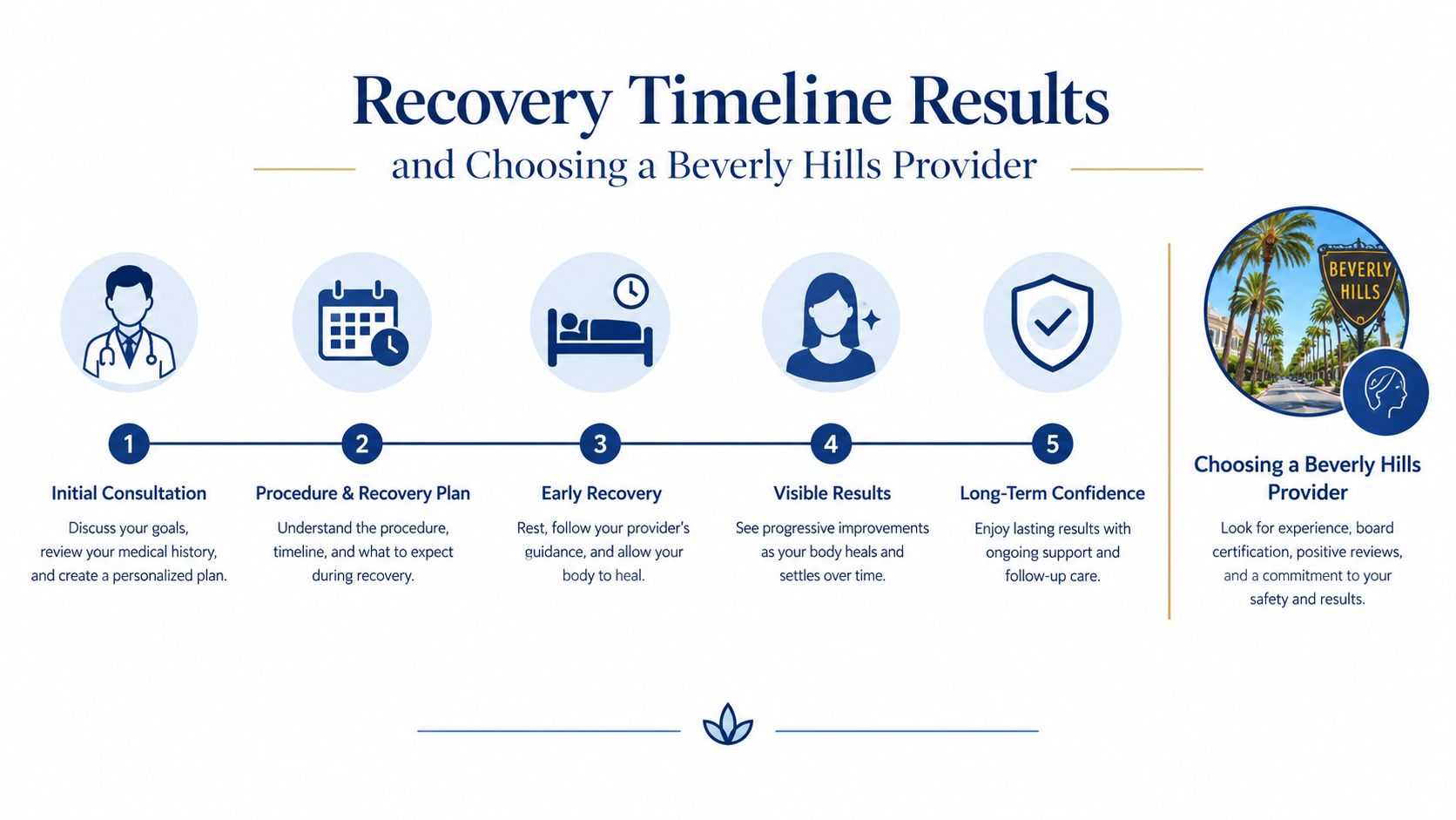 An infographic showing a five-step cosmetic surgery recovery timeline and tips for choosing a Beverly Hills provider.