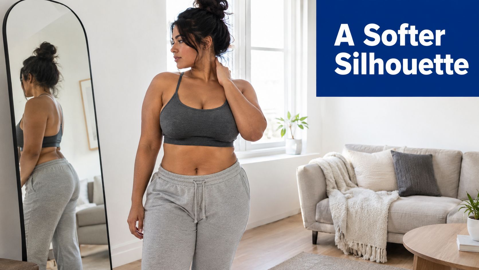 A woman looking at her reflection in a full-length mirror while wearing a grey sports bra and sweatpants.