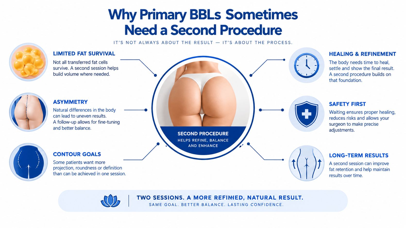 An educational infographic explaining why patients sometimes require a second BBL revision surgery procedure for optimal results.