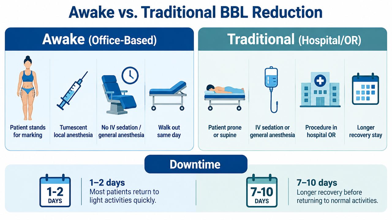 A comparison chart showing differences between awake BBL reduction and traditional hospital-based BBL surgery recovery times.