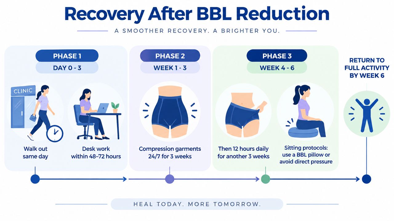 A timeline graphic illustrating the three recovery phases for a BBL reduction surgery from day zero to week six.