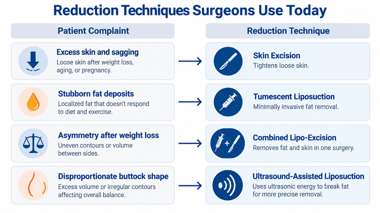 A table outlining various plastic surgery techniques used to treat patient concerns related to weight loss surgery.