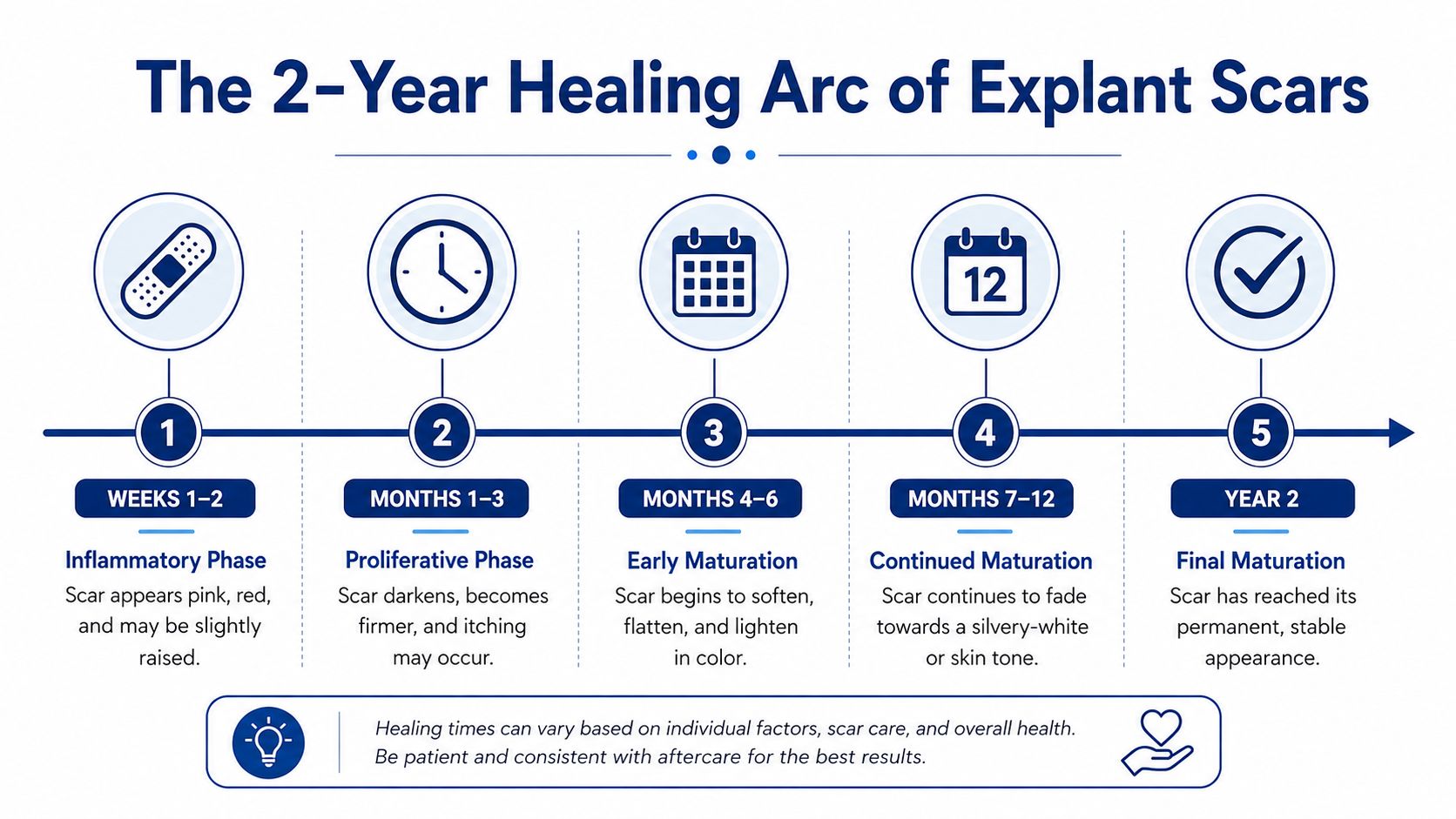 A timeline graphic showing the five-stage healing arc of breast implant removal scars over two years.