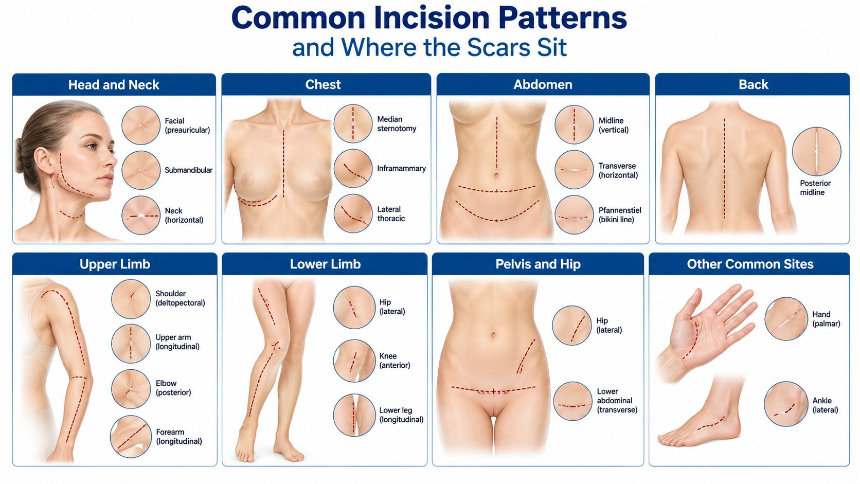 A medical infographic showing various common surgical incision patterns and the resulting scar appearances on the human body.