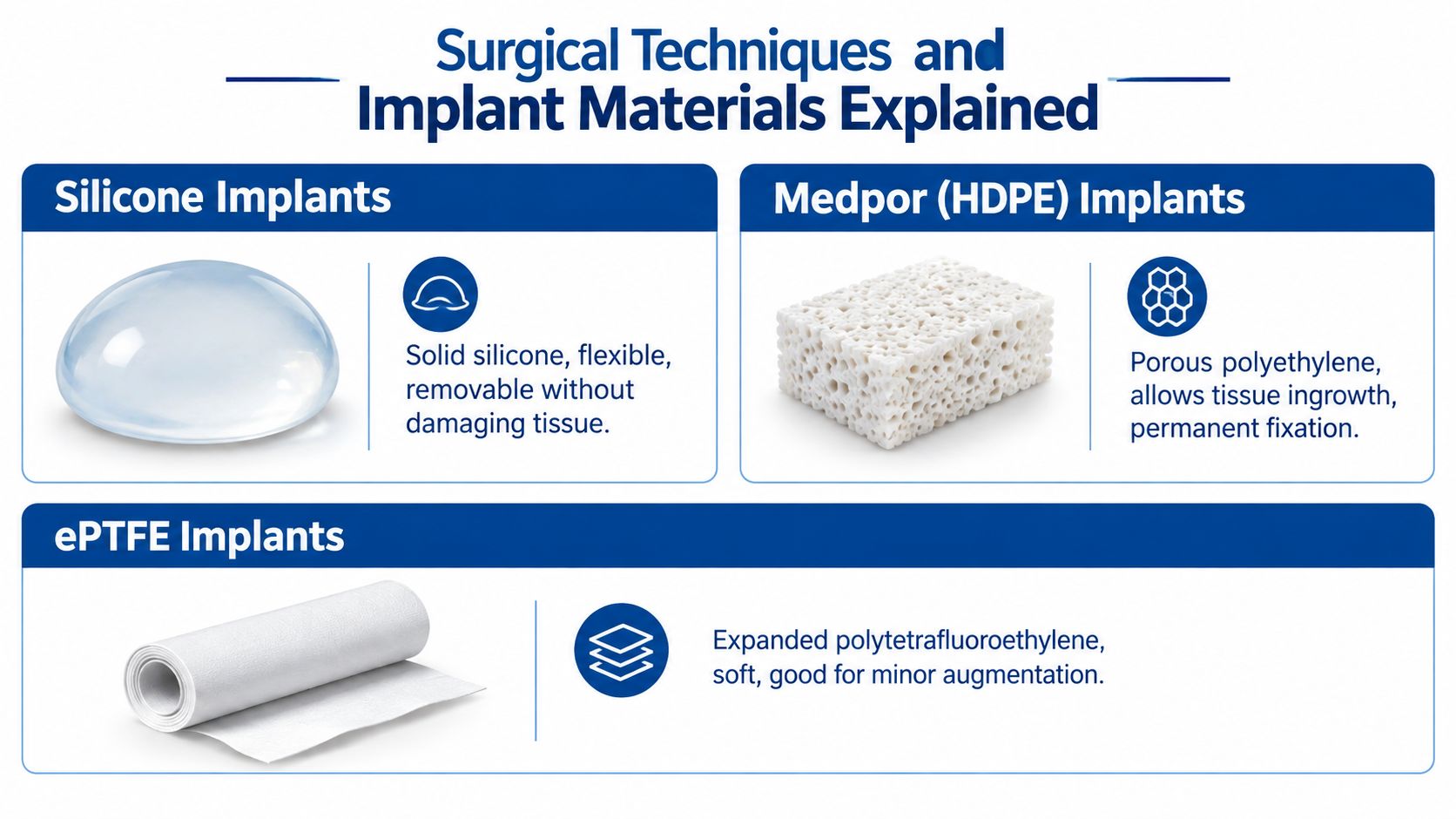 A chart explaining common surgical implant materials including silicone, Medpor (HDPE) and ePTFE used in cosmetic surgeries.