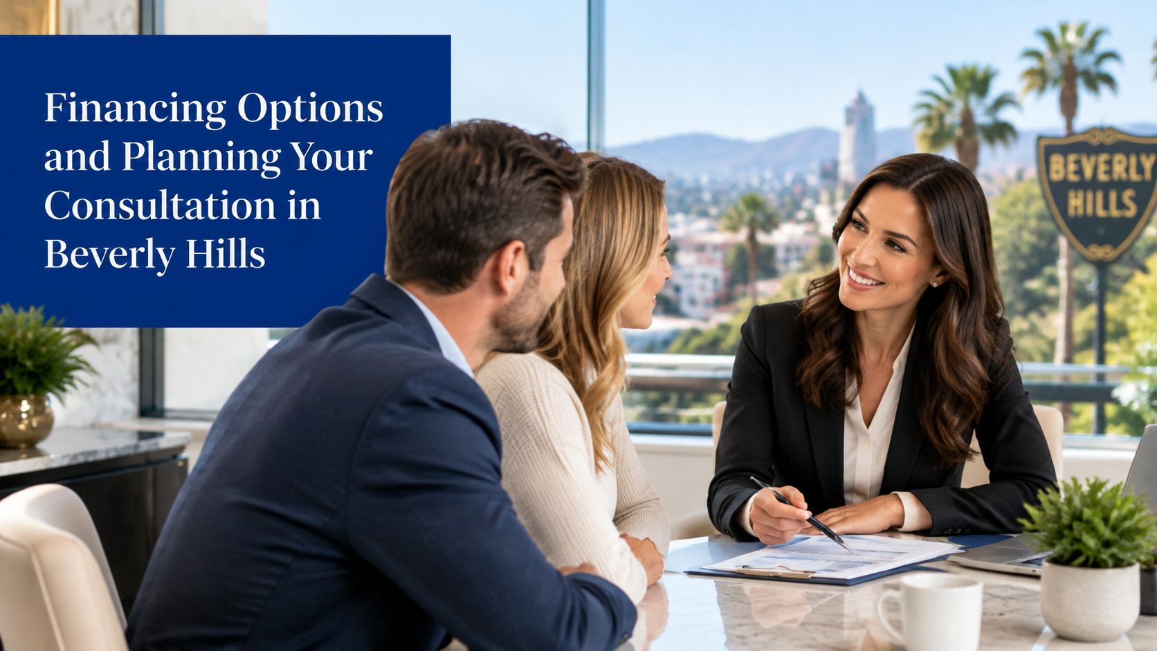 A professional consultation taking place in a Beverly Hills office discussing financing options for cosmetic procedures.