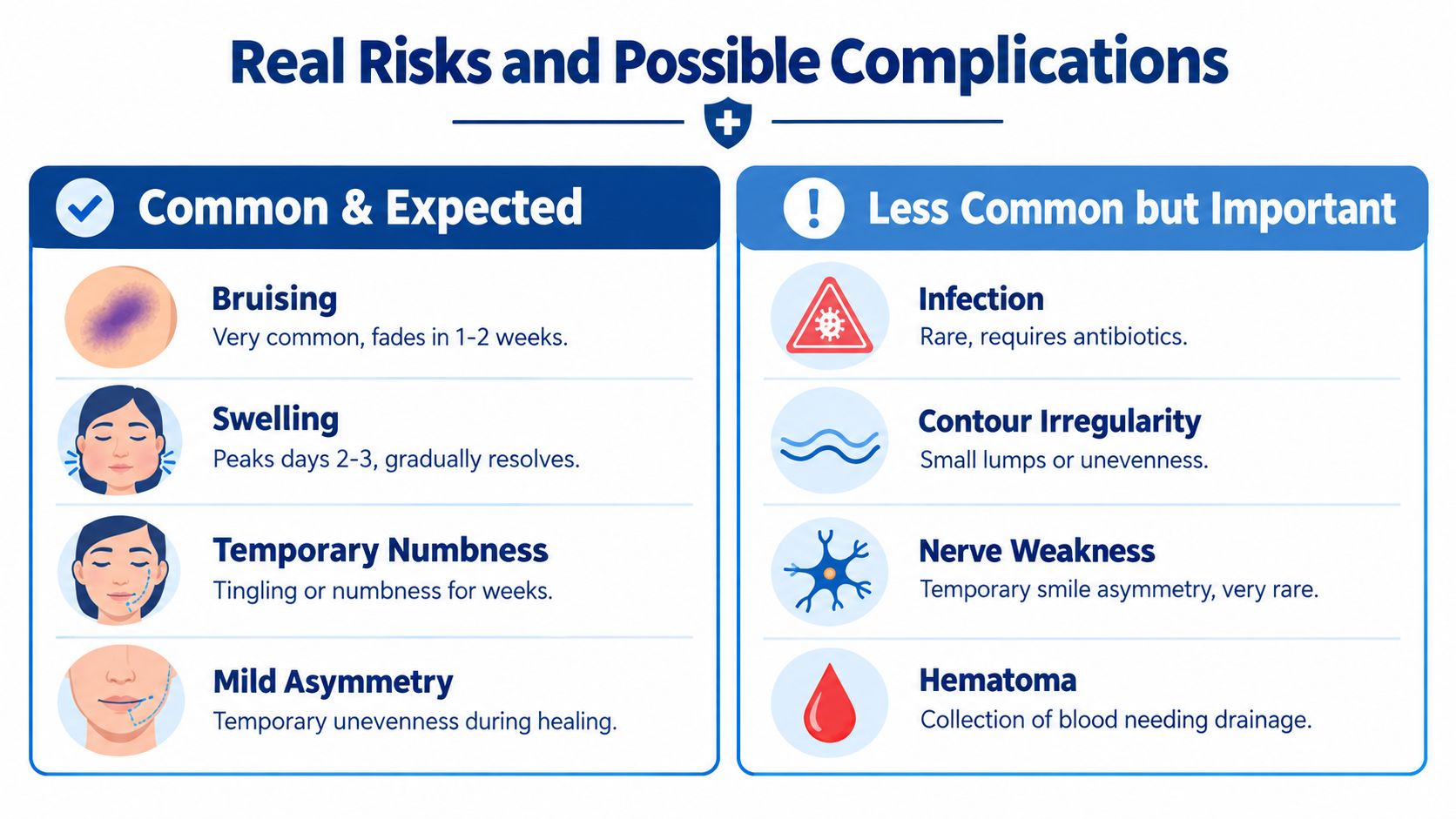 An infographic detailing common and serious risks and possible complications associated with double chin liposuction procedures.