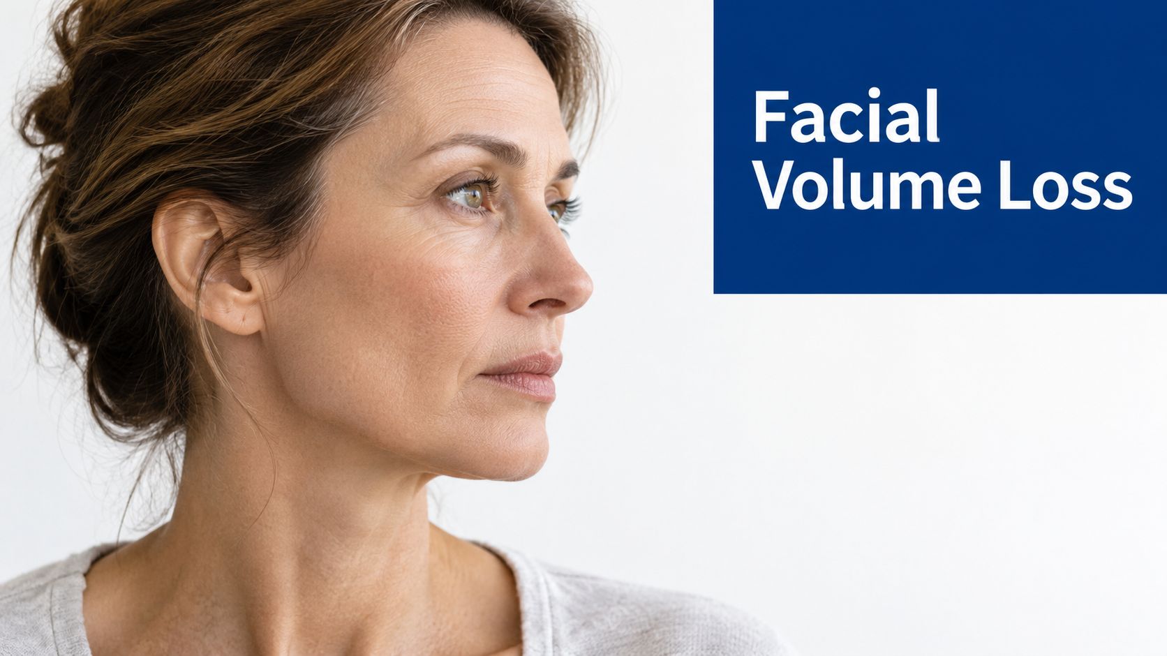 A middle aged woman looking away, demonstrating common signs of natural facial volume loss in the skin.