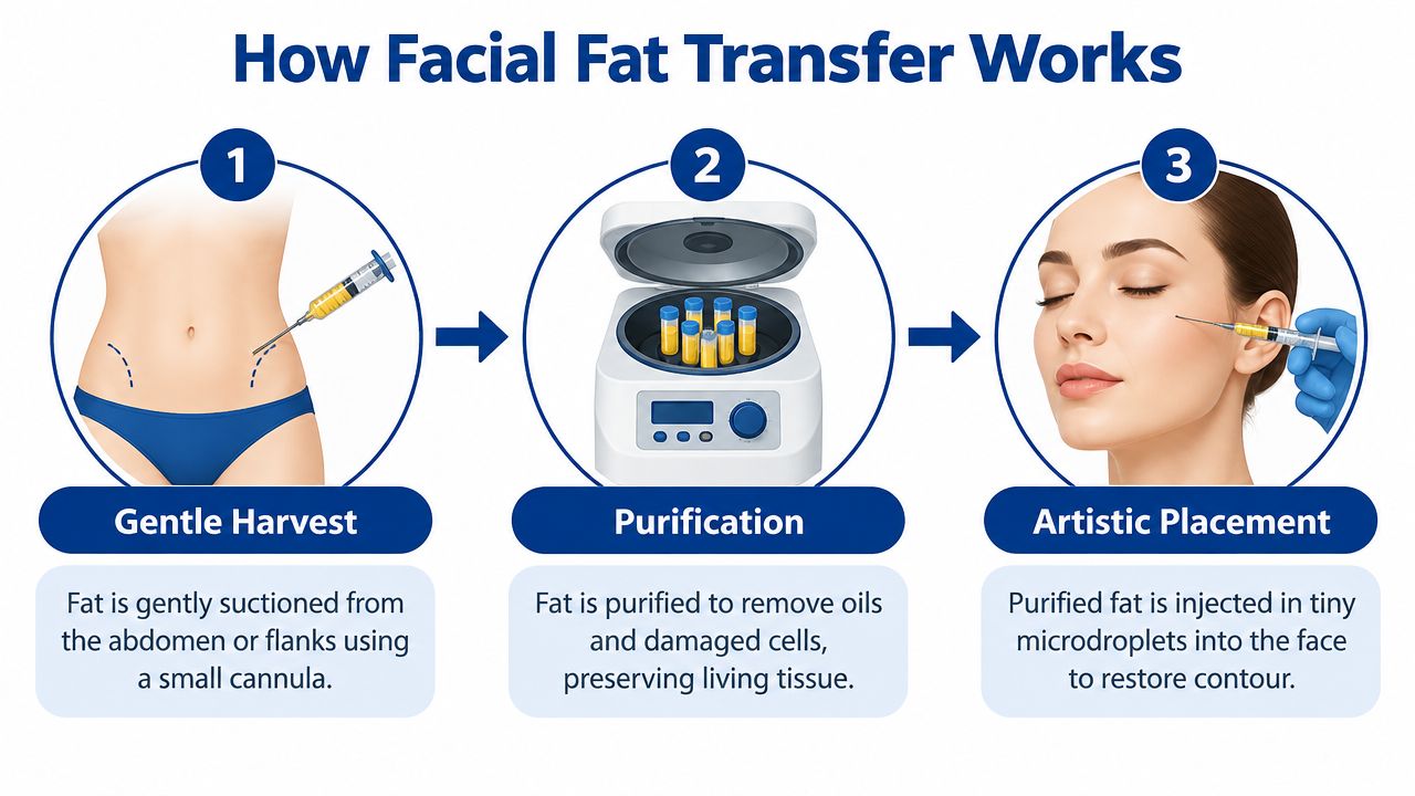 An infographic illustrating the three-step facial fat transfer process including gentle harvest, purification, and artistic placement.
