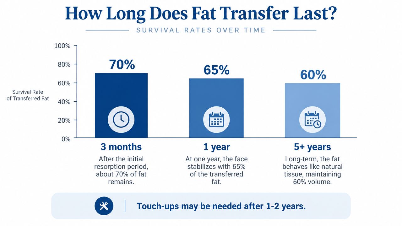 A bar chart showing the percentage of fat survival rates after three months, one year, and five years.
