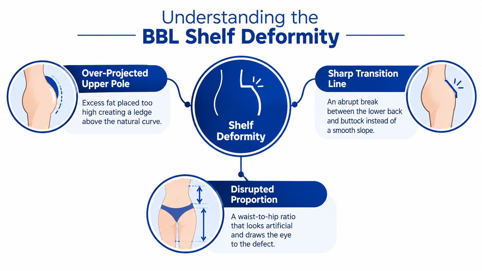 An educational infographic explaining the BBL shelf deformity, including causes like over-projected upper poles and disrupted body proportions.