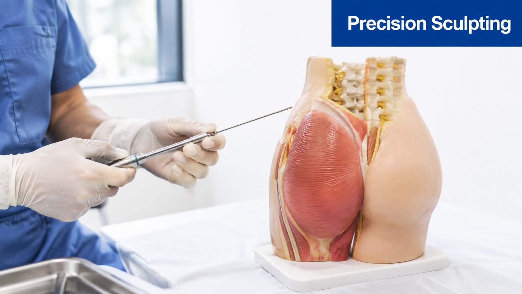 A surgeon holding a surgical tool near an anatomical model representing the human gluteal area and spine.