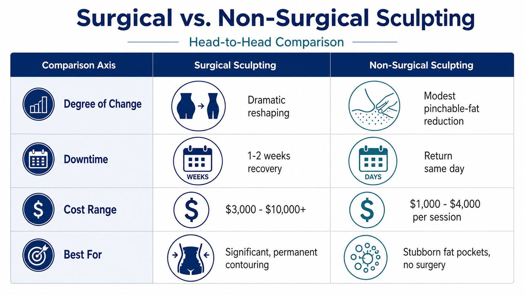 A comparison chart outlining the key differences between surgical and non-surgical body sculpting procedures regarding results, downtime, and cost.