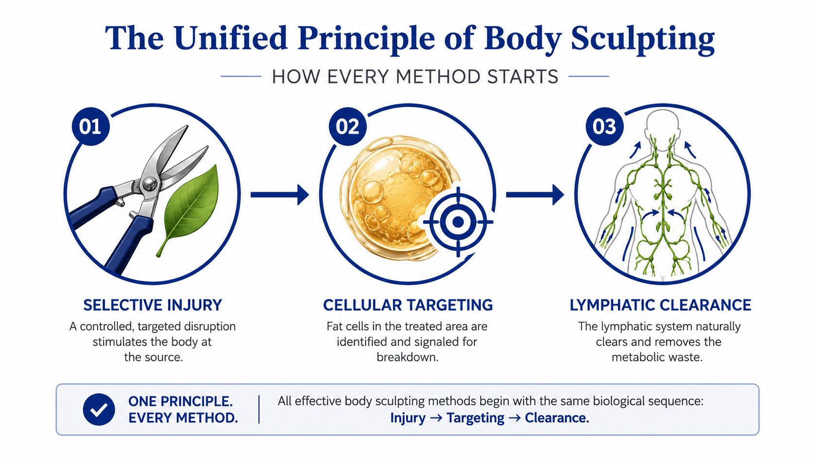 A diagram illustrating the unified three-step principle of body sculpting: selective injury, cellular targeting, and lymphatic clearance.