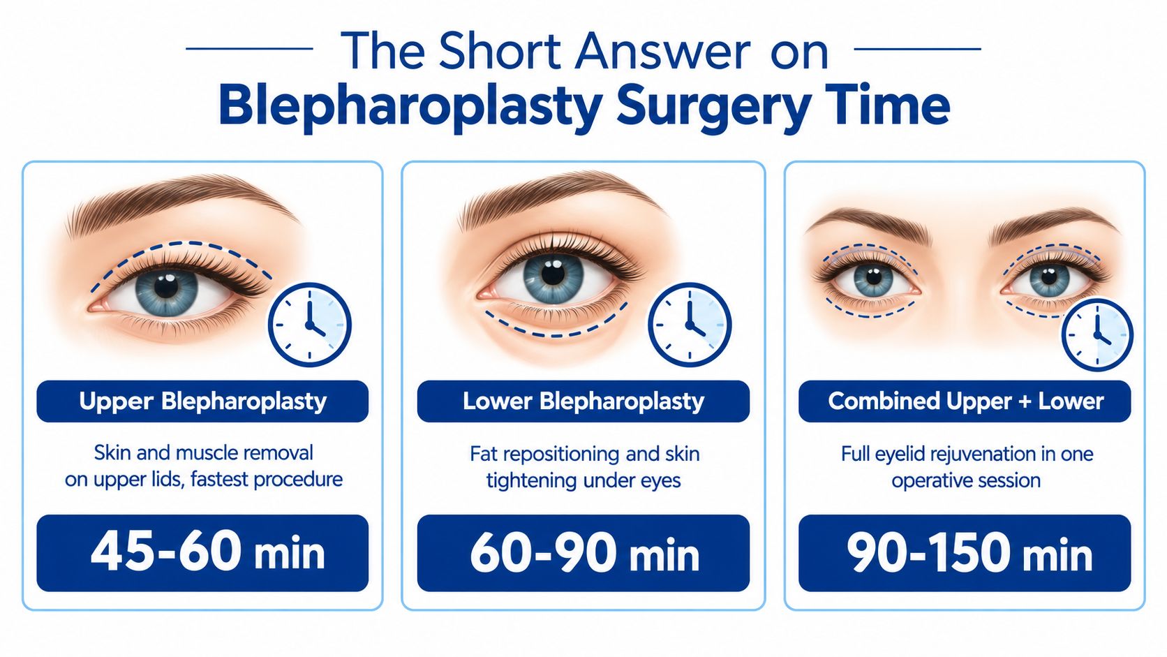An infographic comparing the surgical time required for upper, lower, and combined blepharoplasty eyelid procedures.