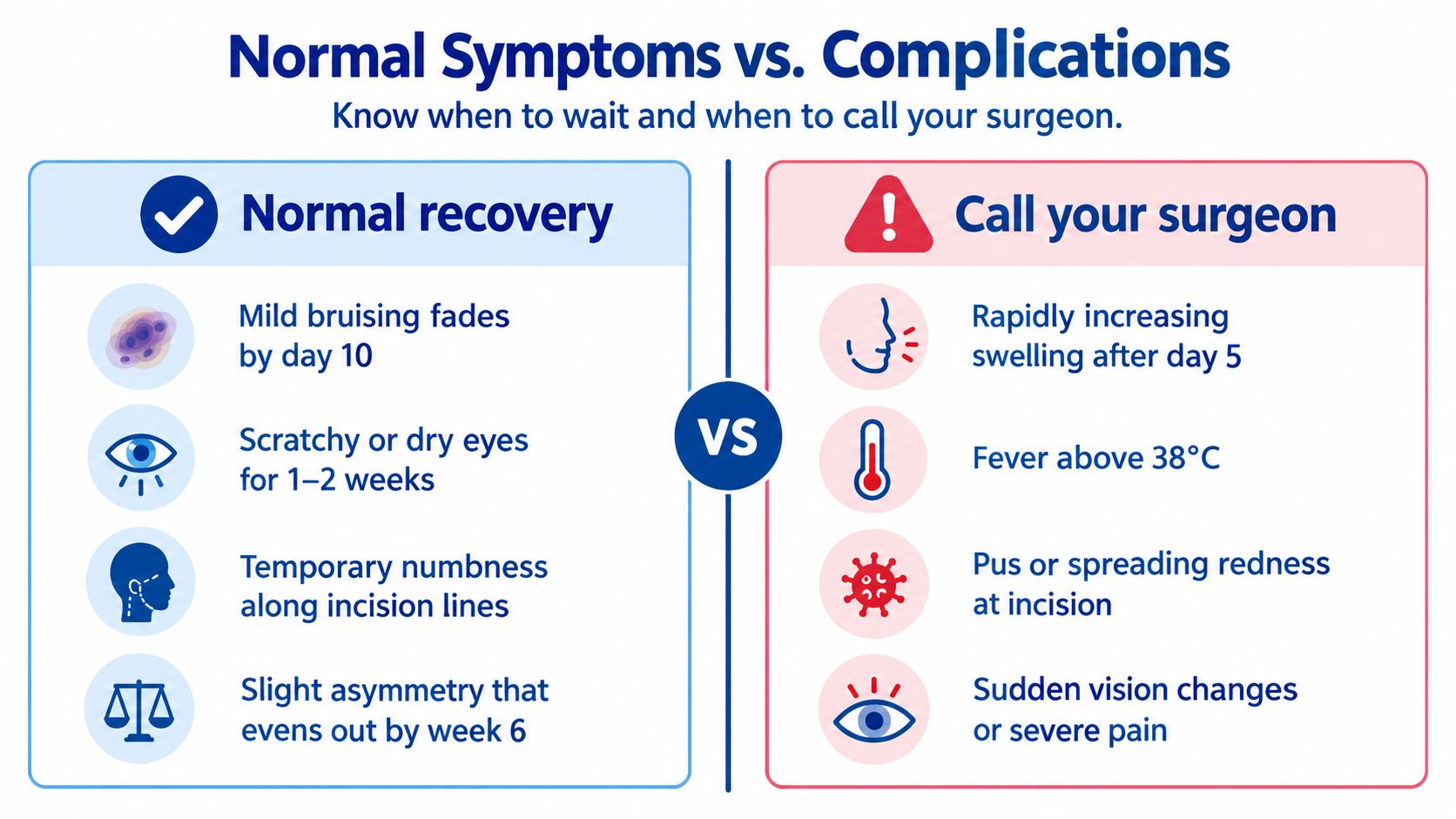 A comparison chart showing normal blepharoplasty recovery symptoms versus post-surgical complications that require medical attention.