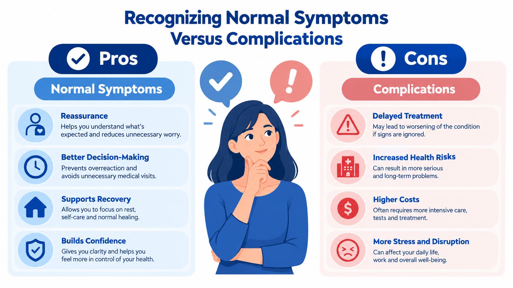 An infographic comparing the benefits of recognizing normal symptoms versus the risks of overlooking medical complications.