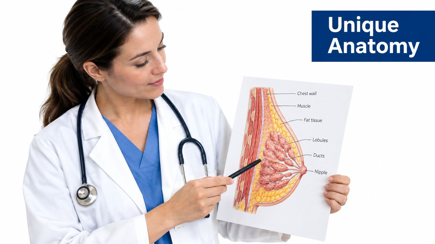 A female doctor pointing at a detailed anatomical diagram of human breast tissue while explaining breast structure.