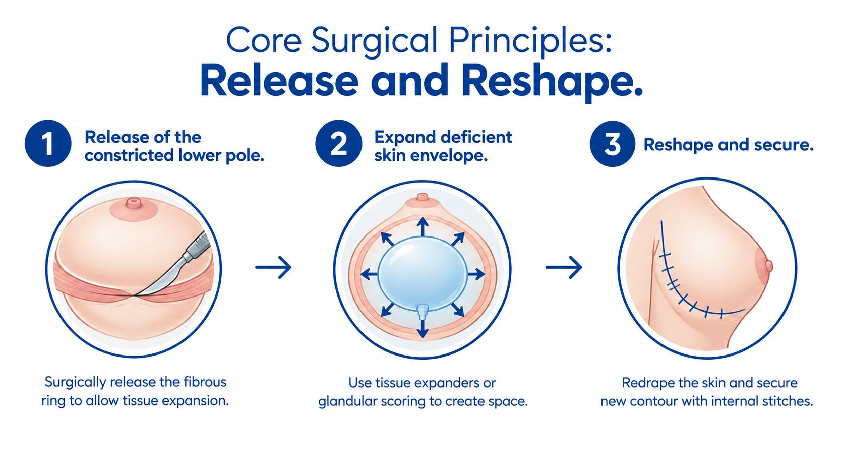 A diagram illustrating the three-step surgical process for correcting tubular breasts by releasing and reshaping tissue.