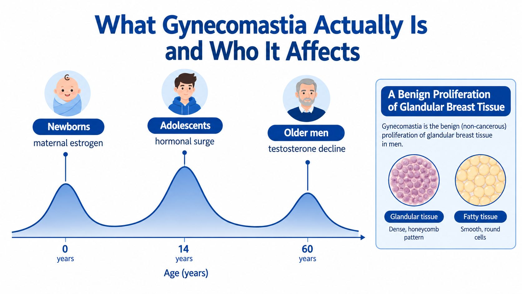 A chart illustrating the three age-related phases of gynecomastia development in newborns, adolescents, and older men.